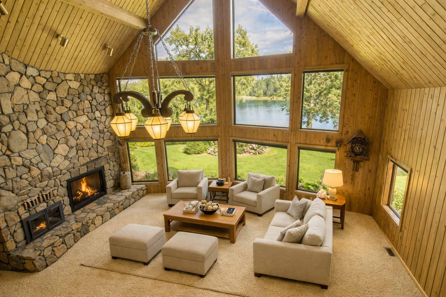 Taken from the upper level catwalk. Notice the stunning floor to ceiling see through fireplace, grand chandelier and of course the panoramic views. Virtually staged with carpet color changed.