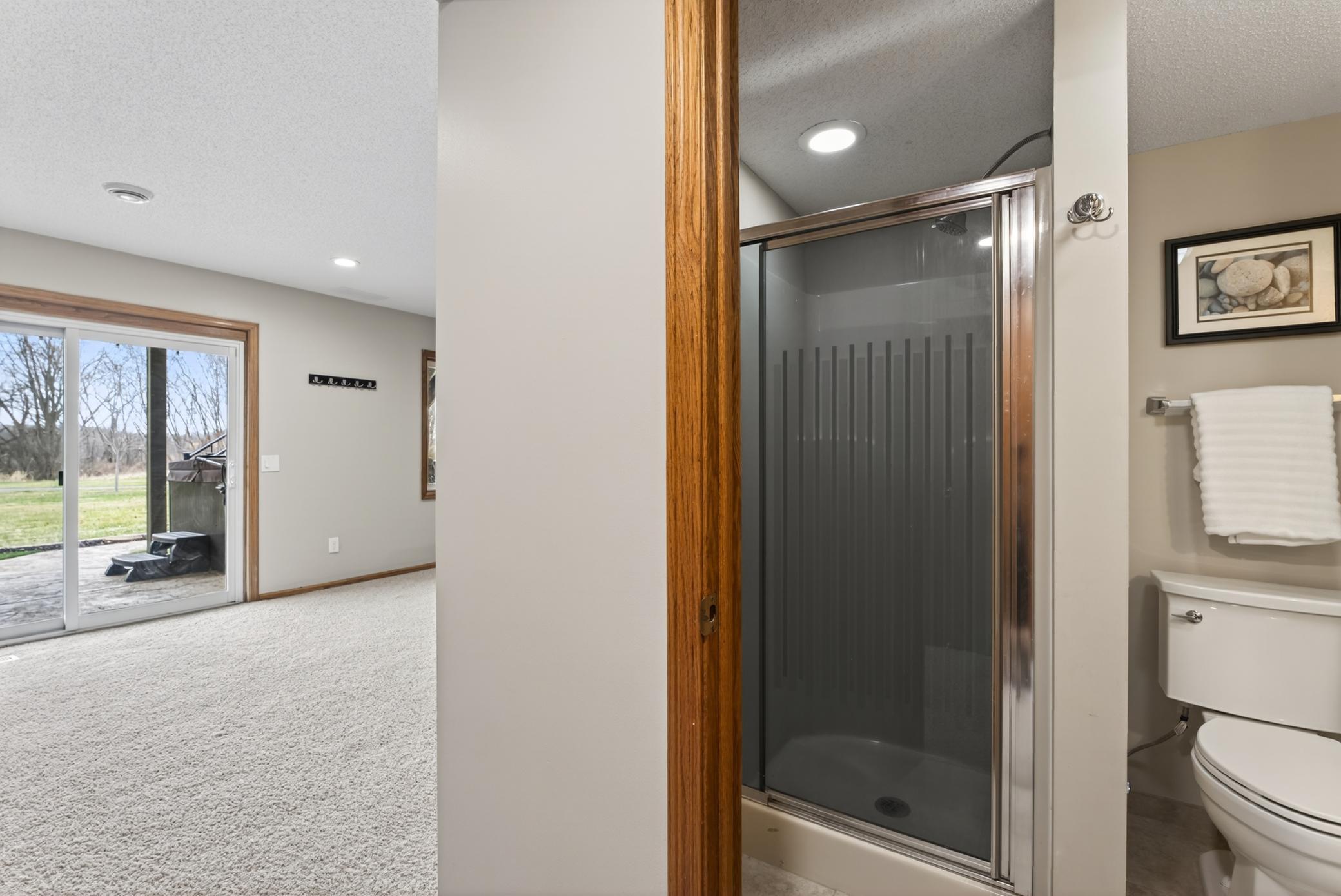 3/4 basement bath right across from bedroom.