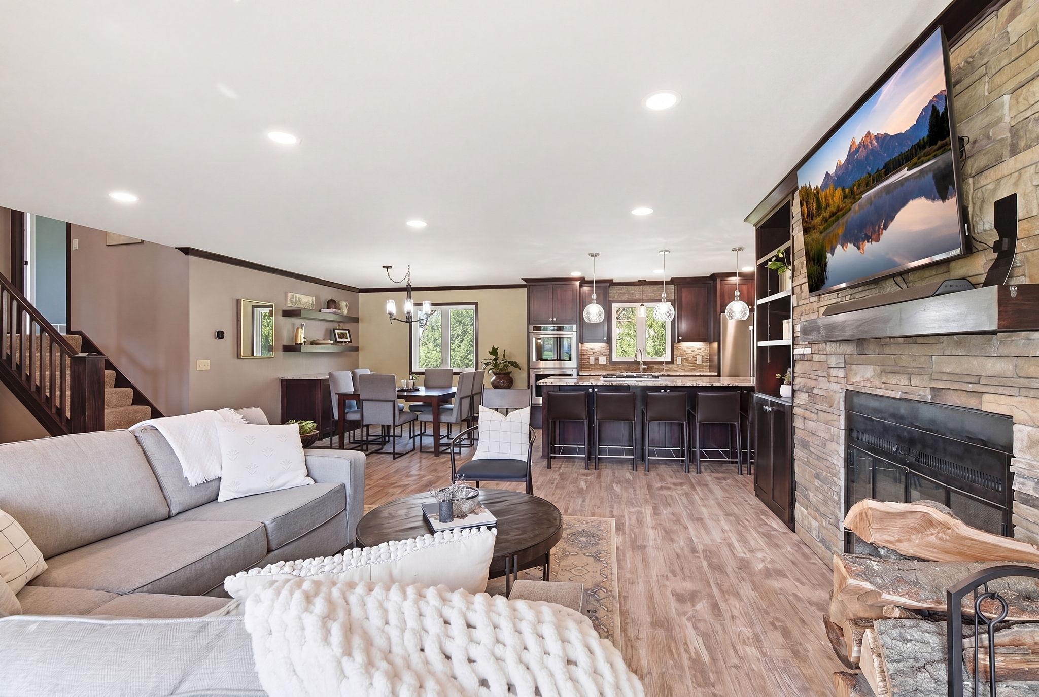 View into kitchen and dining area from living room