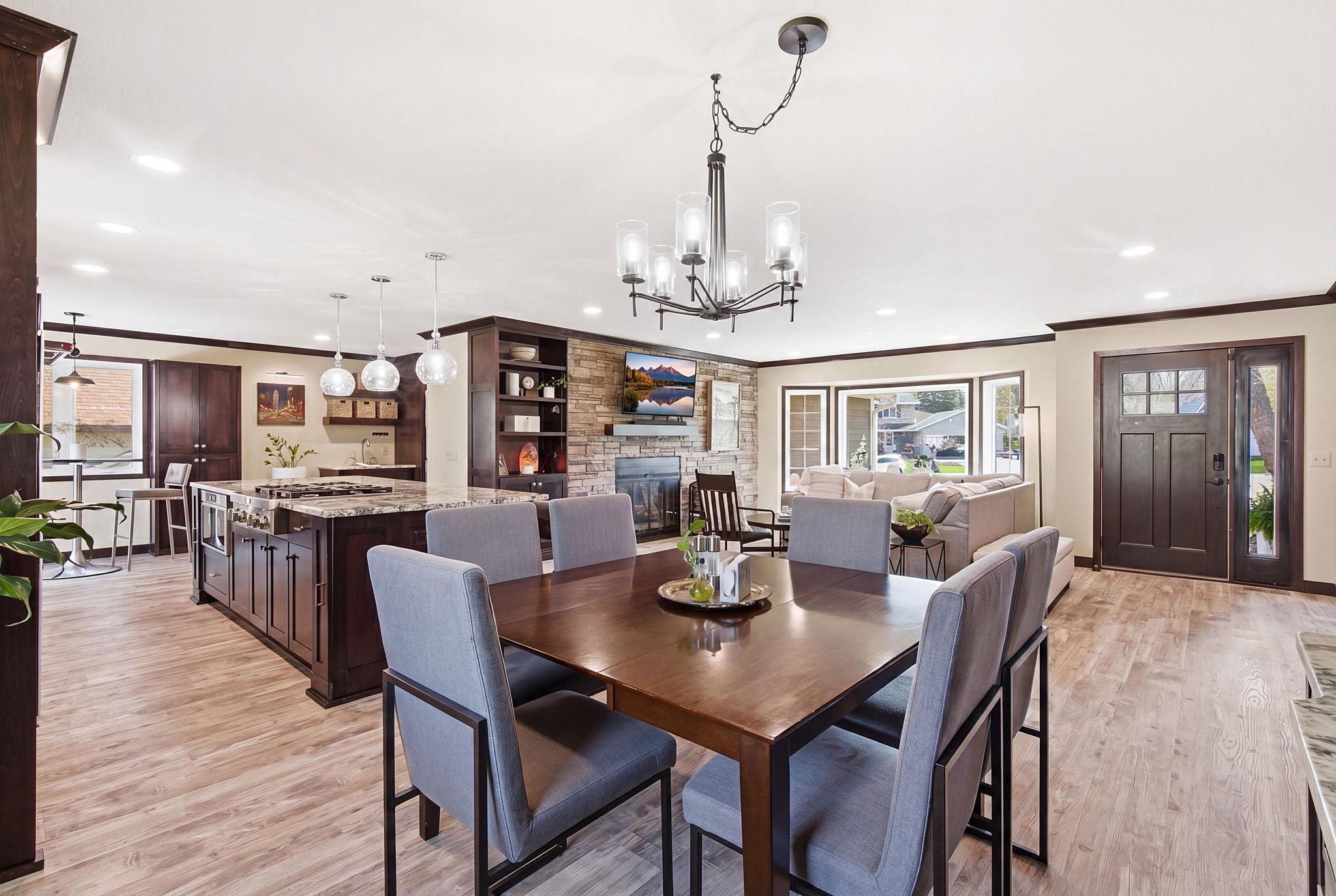 View from dining room into kitchen and living room