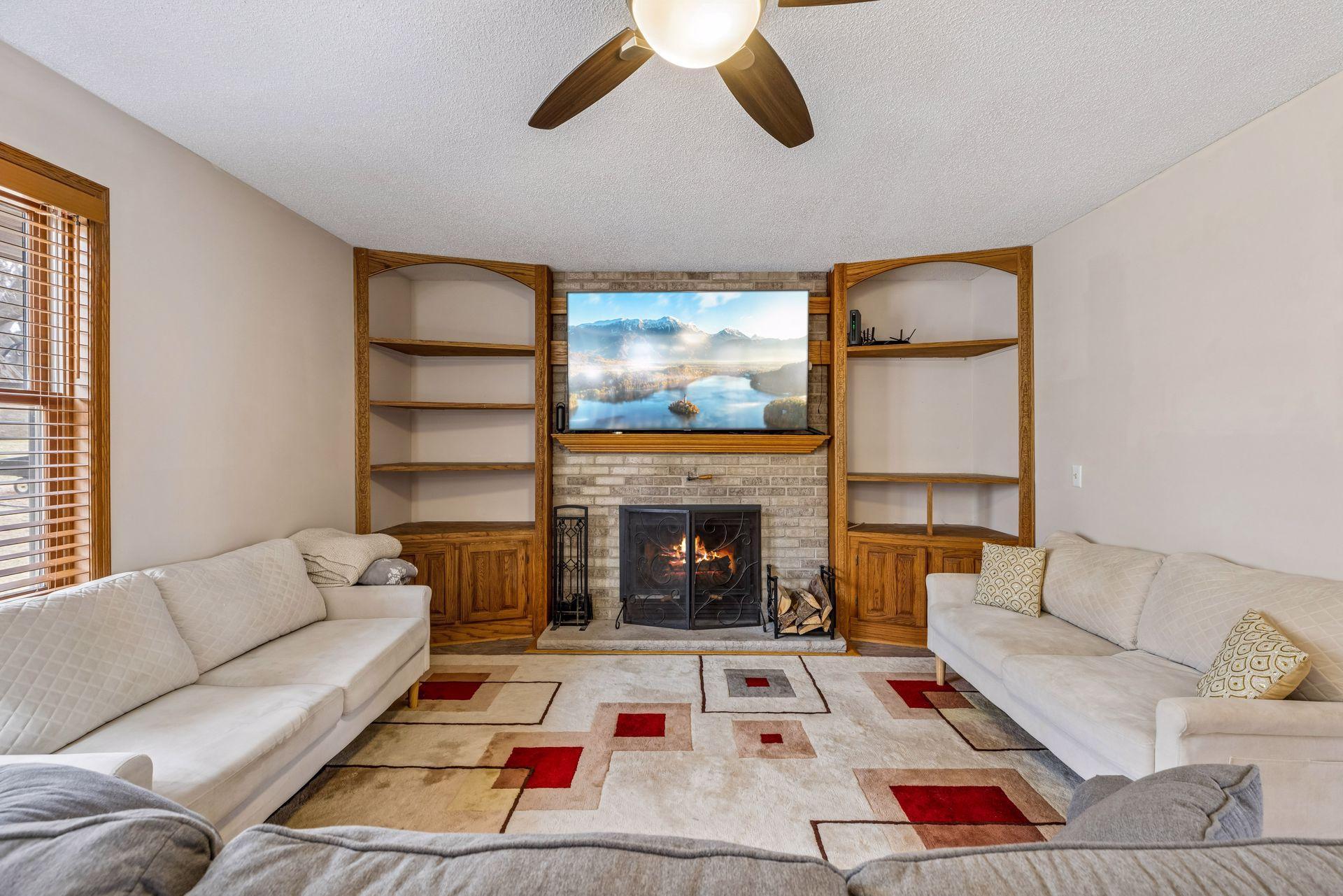 Family Room with wood-burning fireplace