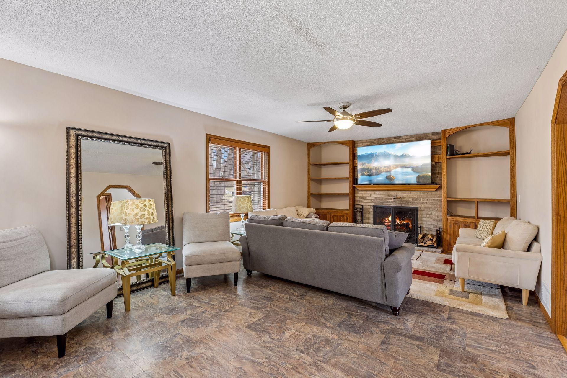 Family Room with wood-burning fireplace