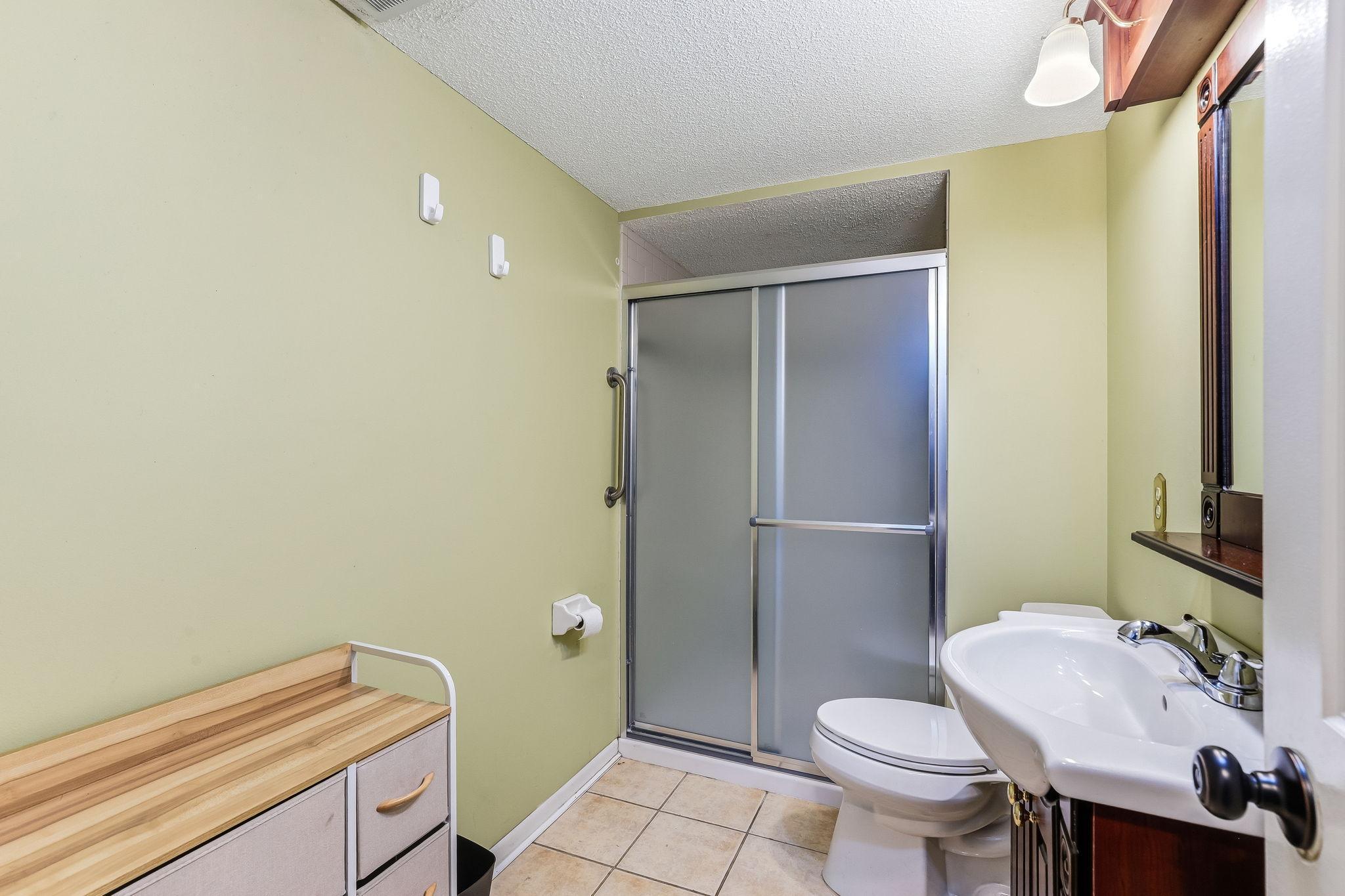 Lower-level bathroom featuring a walk-in shower, a functional layout, and space for everyday use or guest convenience.