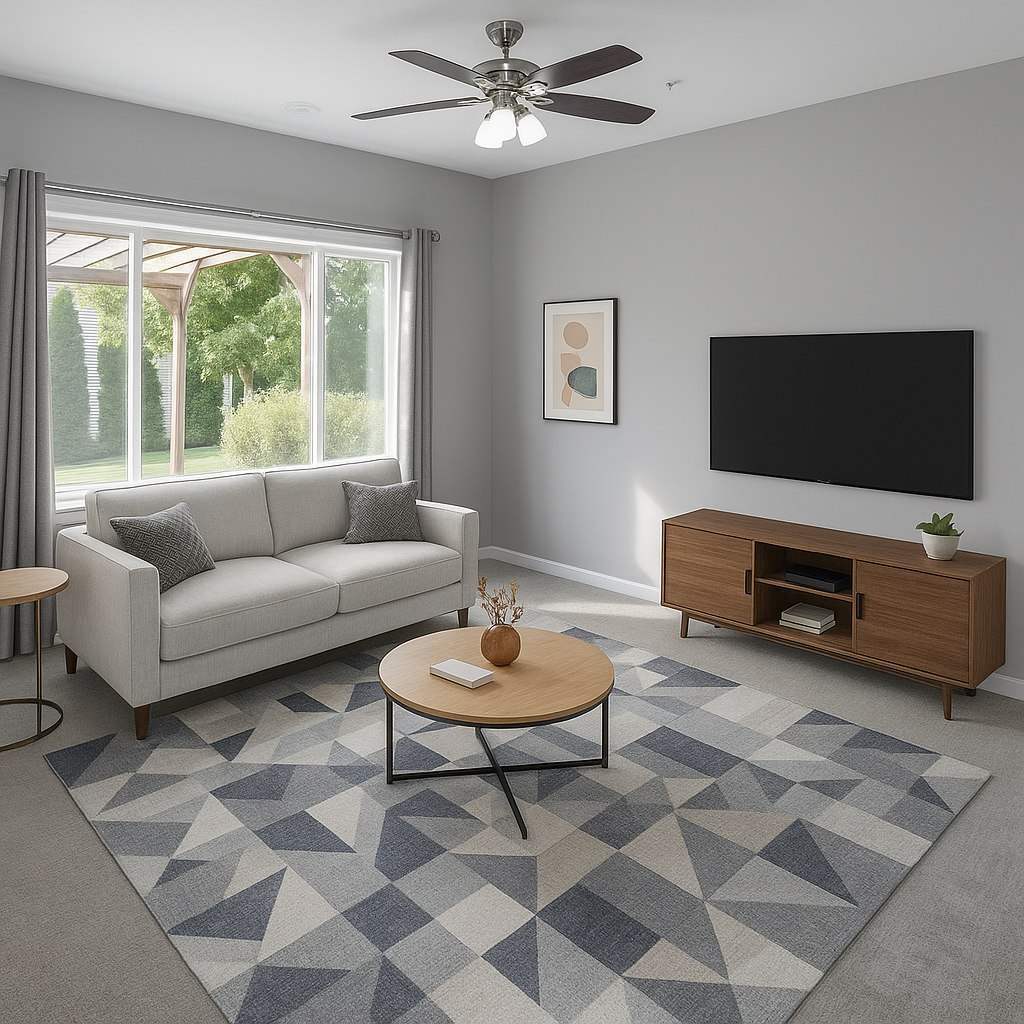 Bright and open living area with a large window for lots of natural light!. *This photo is virtually staged*