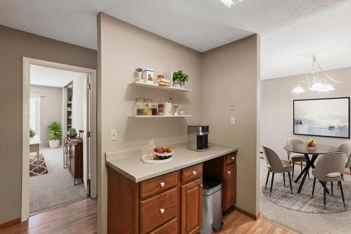 Virtually staged including floating shelves.