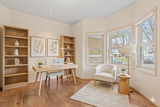 Virtually Staged ~ Office features bay window, Saddle Black Walnut hardwood flooring and storage closet
