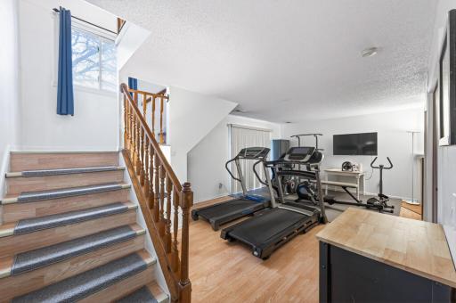 This spacious lower level family room perfect for a home gym, family room or office