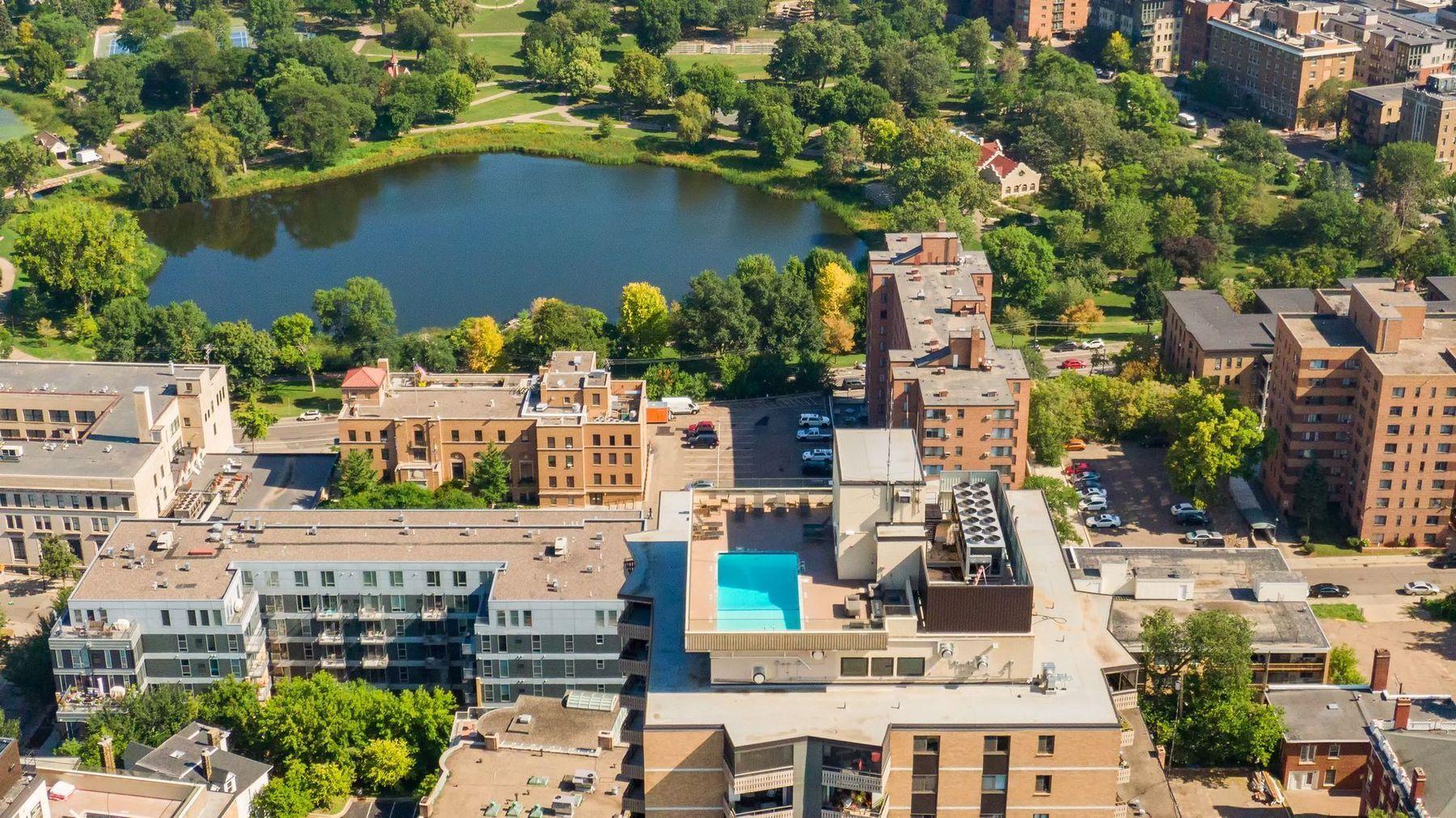 Aerial view of rooftop pool and Loring Park