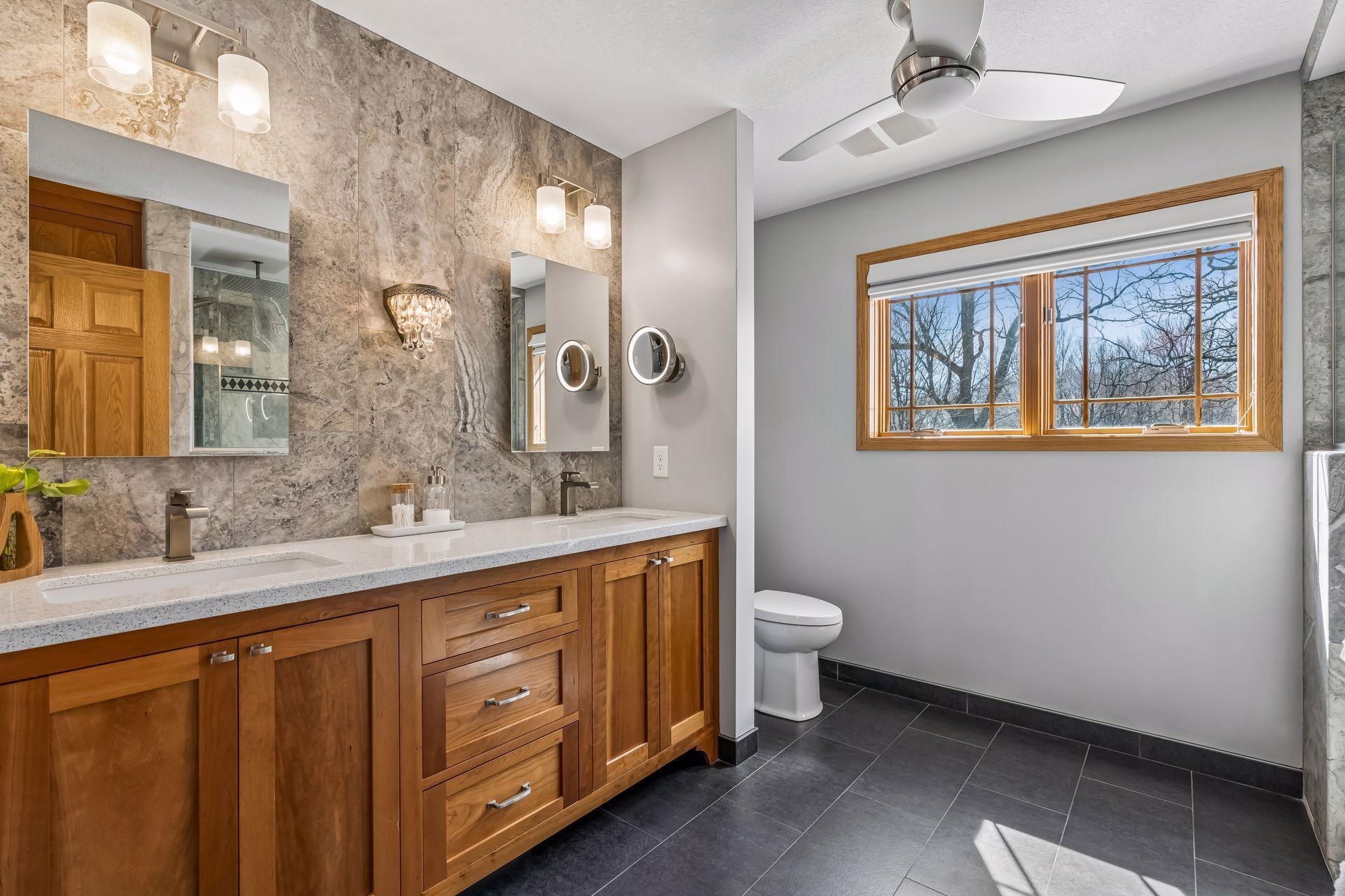 Heated floors and dual sinks plus lots of storage in the vanity.