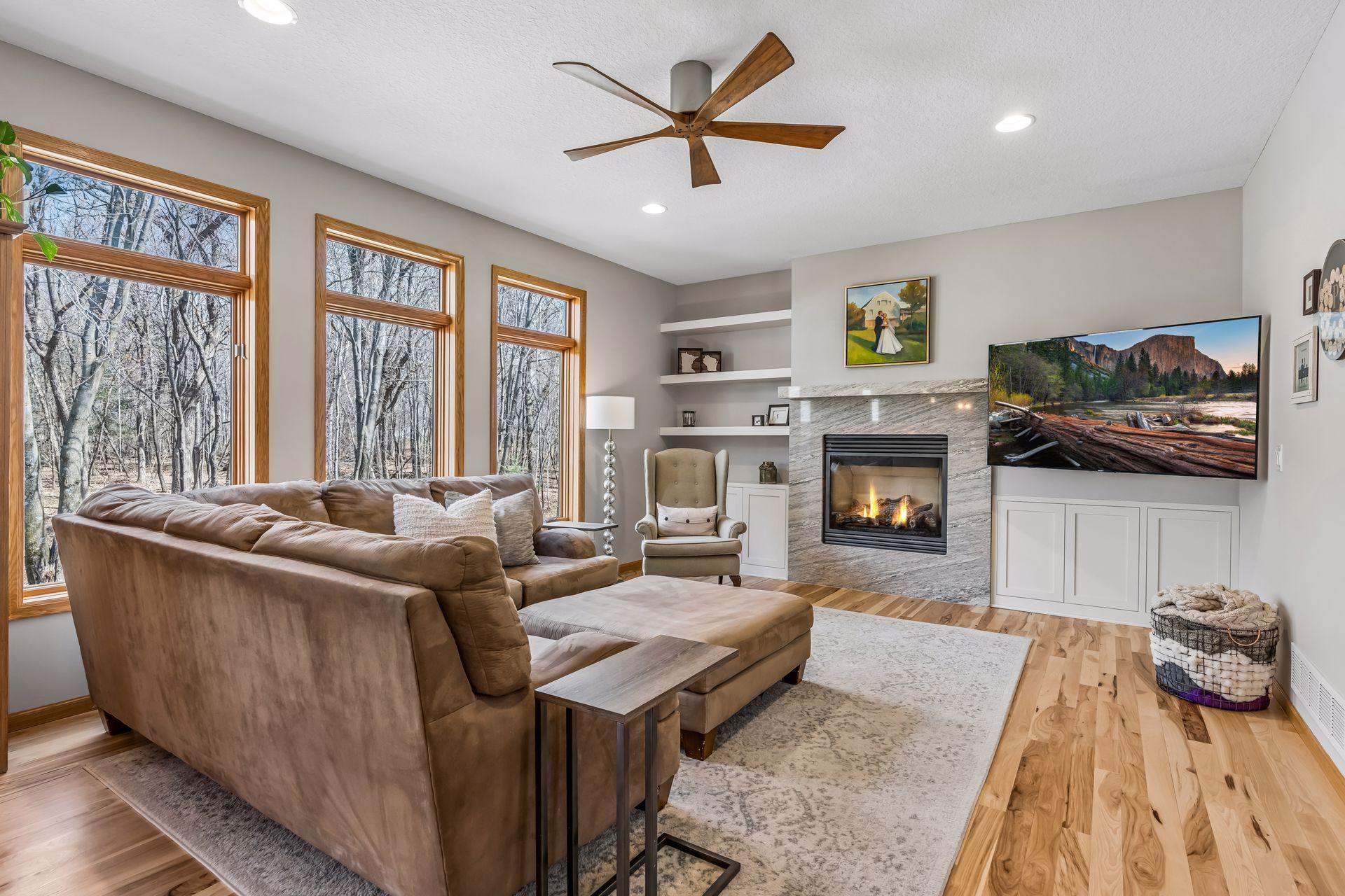 Cozy living room with gas burning fireplace.