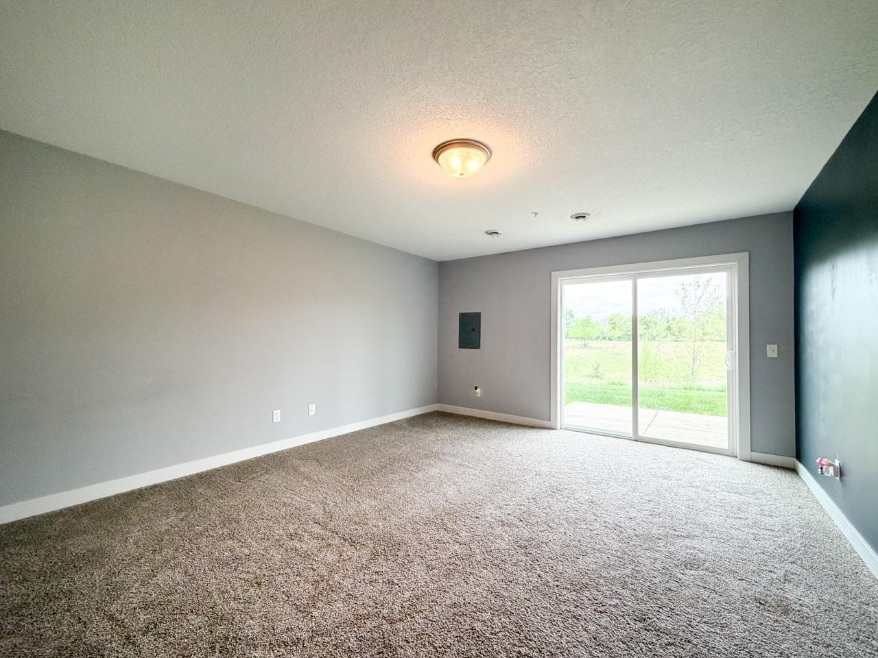 Lower level family room with a walkout to the back yard and patio