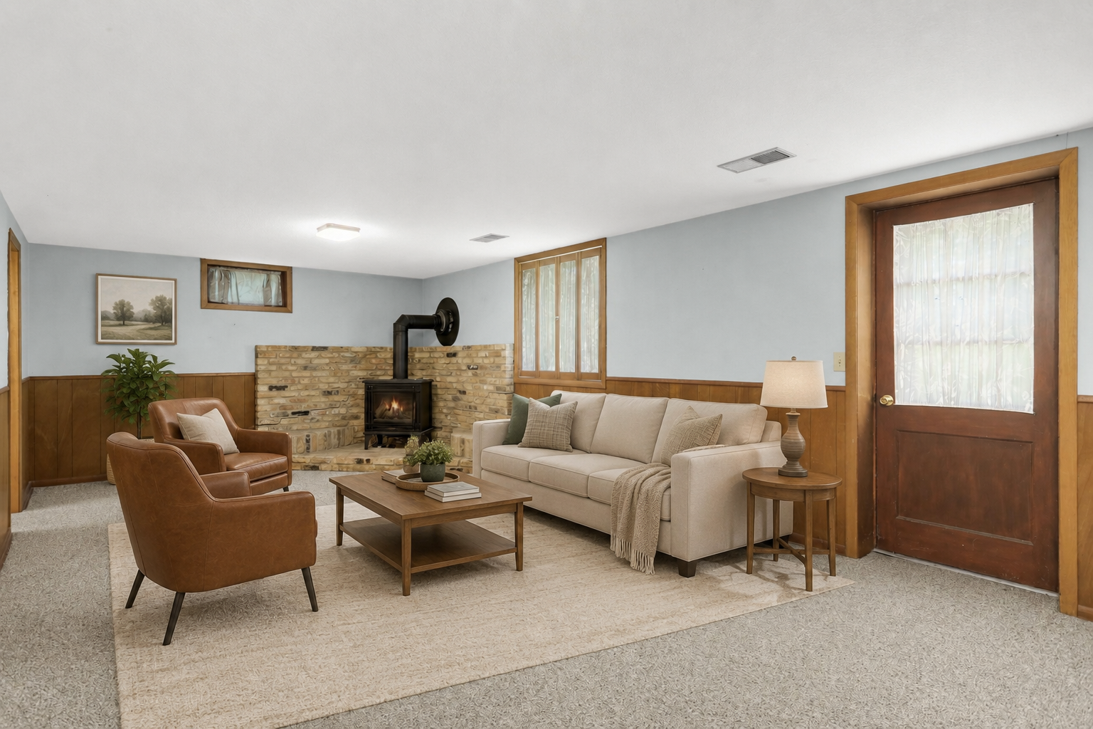 Virtually-staged lower level family room