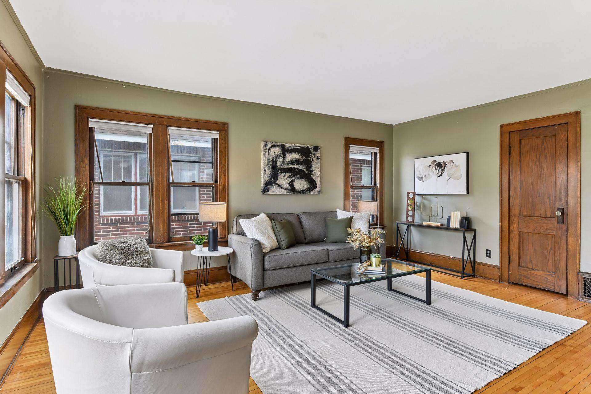 Spacious living room with oak flooring.