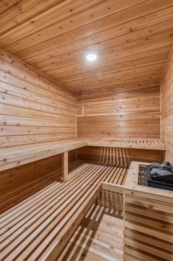 Unwind after a day on the lake in the custom Finnish-style sauna for ultimate relaxation.
