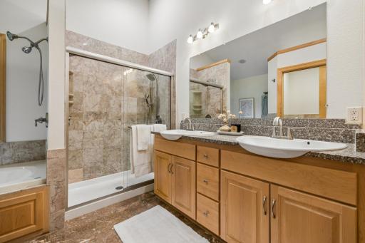 Double vanity, walk-in shower, & jacuzzi tub.