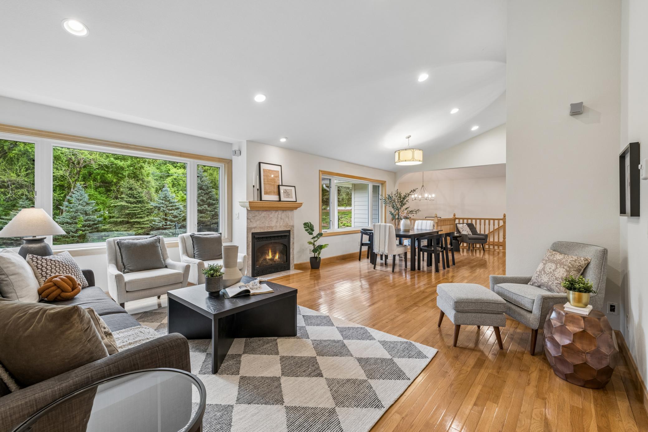 Tiled fireplace serving as the centerpiece of the space.
