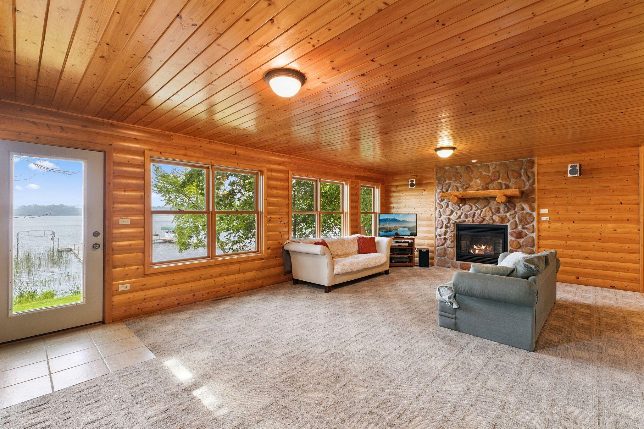 1/2 log on the walls and tongue and groove ceiling really make the "lake cabin feel" real.
