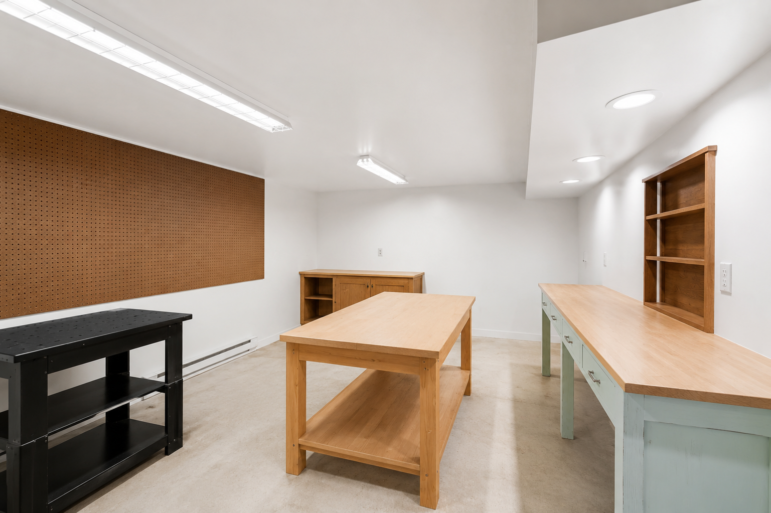 Large craft room, workshop, or hobby space with extensive work surfaces, storage, and flexible-use potential.