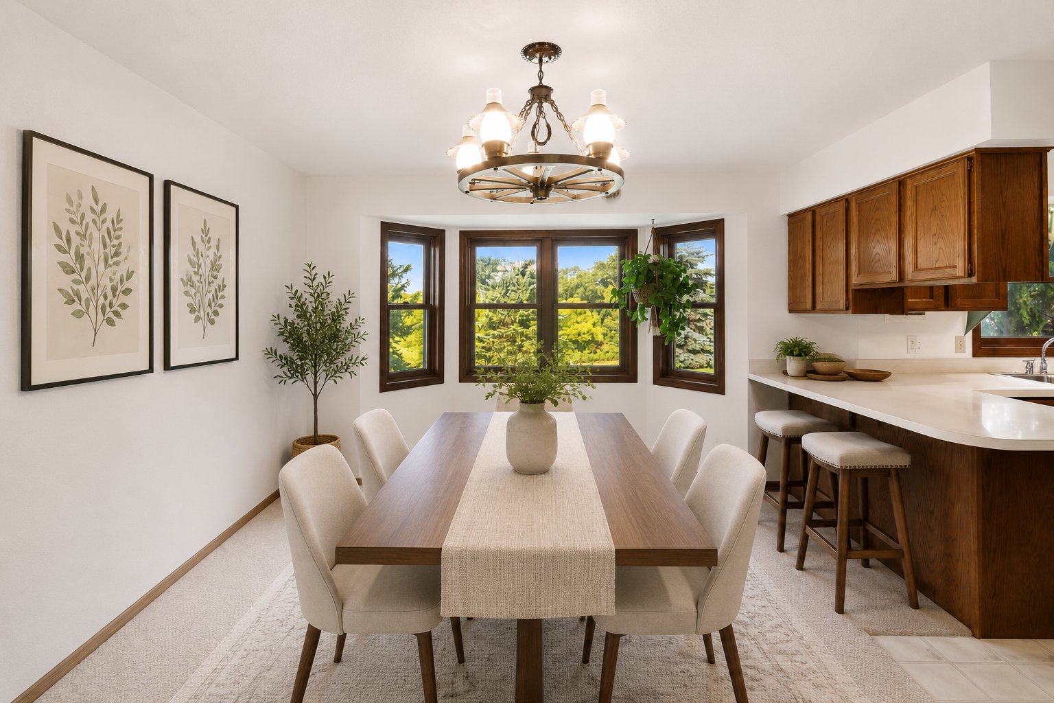 Virtually staged spacious dining area featuring large windows with scenic views and convenient breakfast bar seating adjacent to the kitchen.