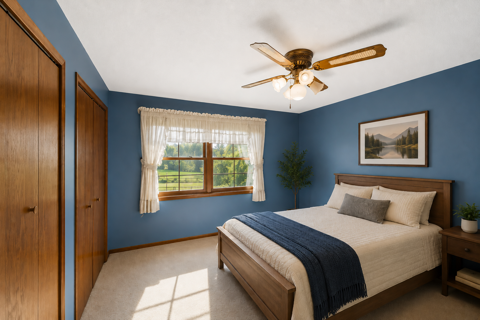 Comfortable upper-level bedroom featuring dual closets and beautiful natural lighting.
