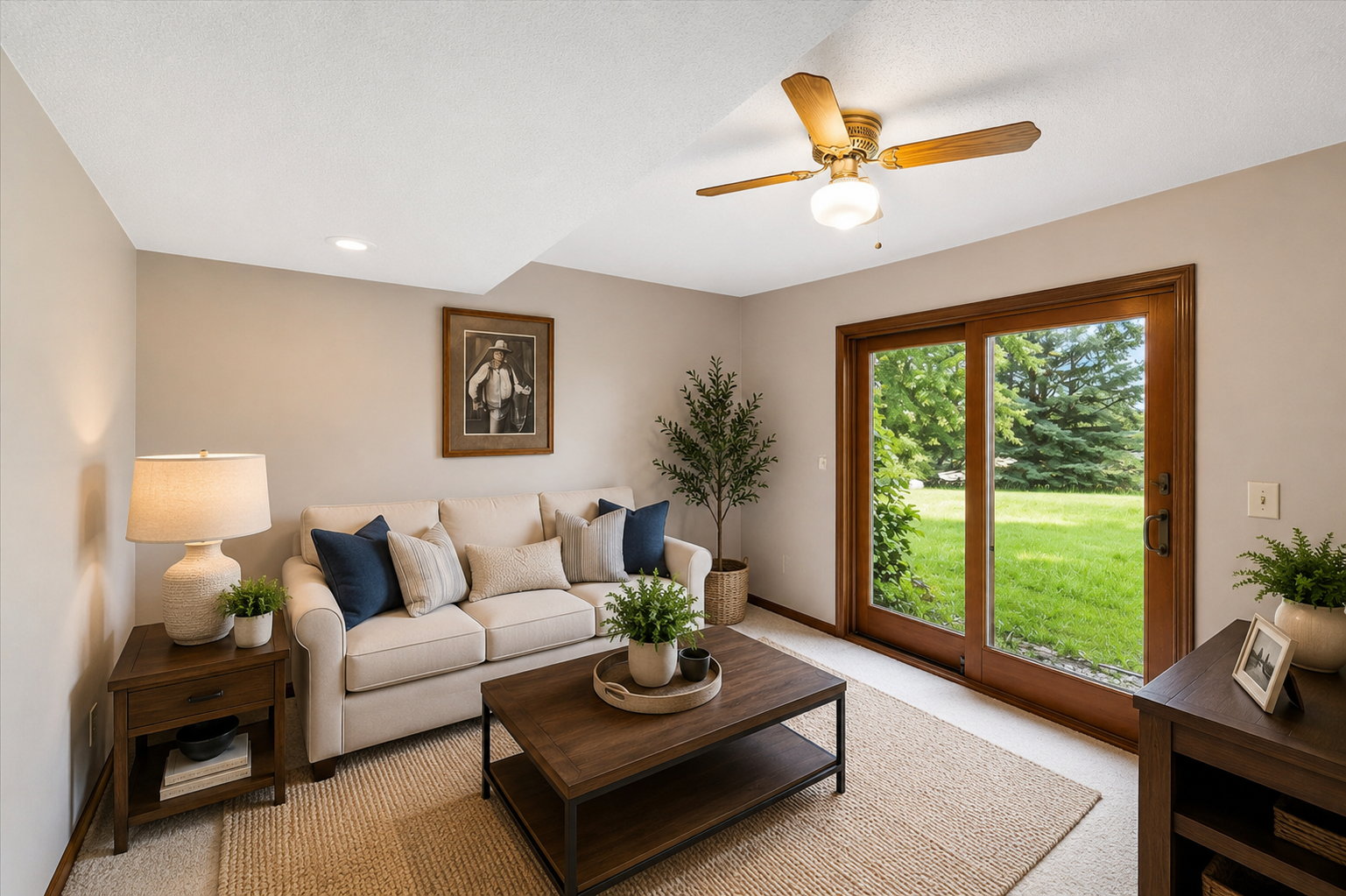 Walkout lower-level living area with sliding glass doors leading directly to the backyard and acreage setting.