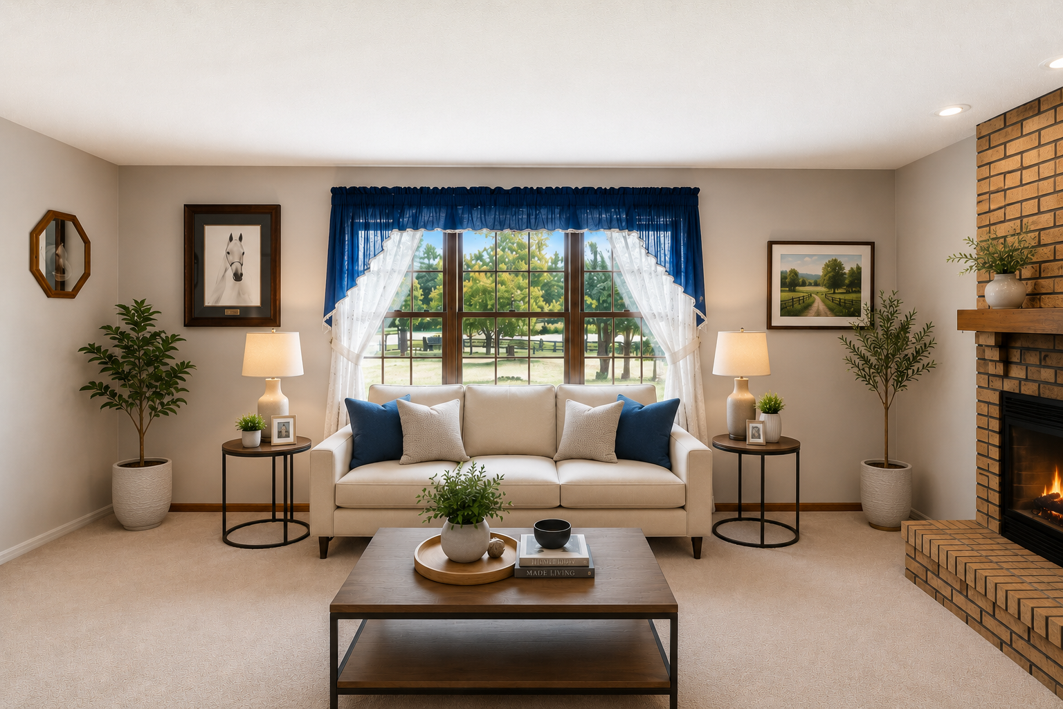 Virtually staged bright and welcoming living room showcasing expansive windows overlooking the private property.