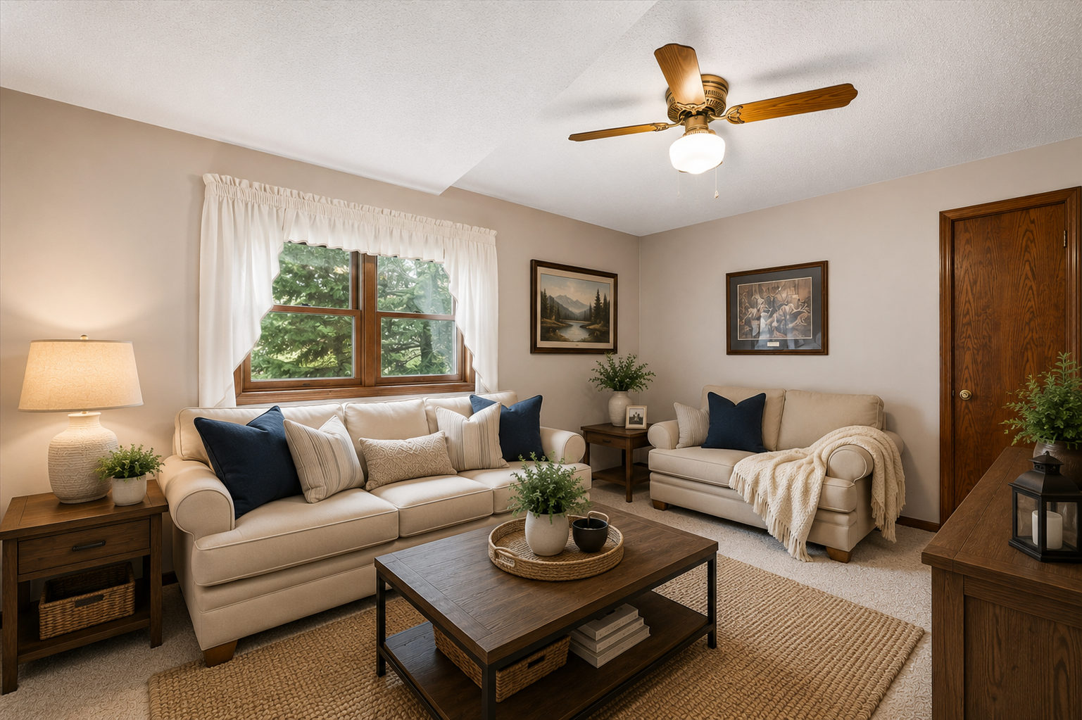Virtually staged lower level family room with oversized windows providing abundant natural light and peaceful outdoor views.