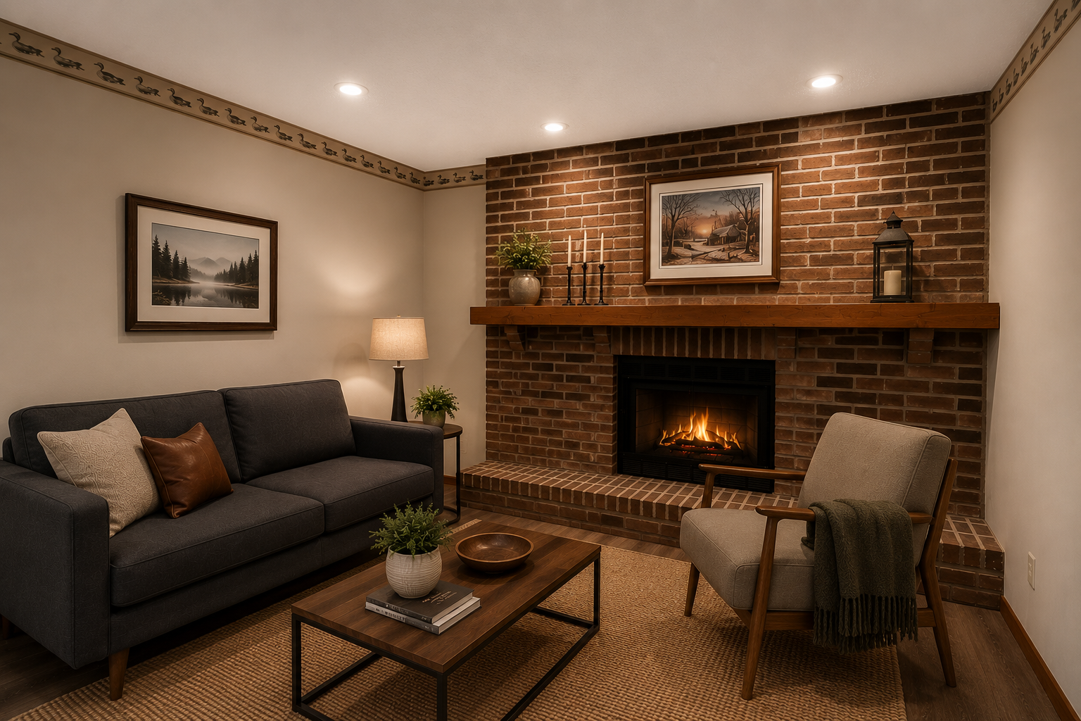 Lower-level family room highlighted by a full brick fireplace wall and warm, inviting atmosphere.