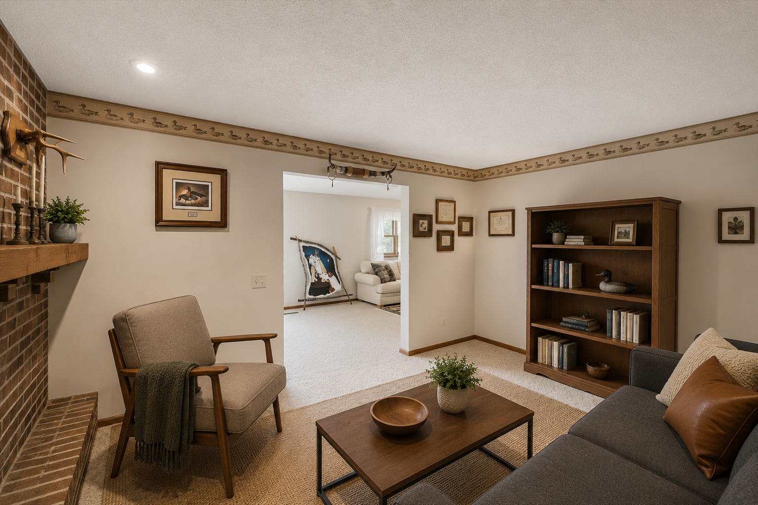 Cozy lower-level family room with brick fireplace, built-in shelving, and additional gathering space.
