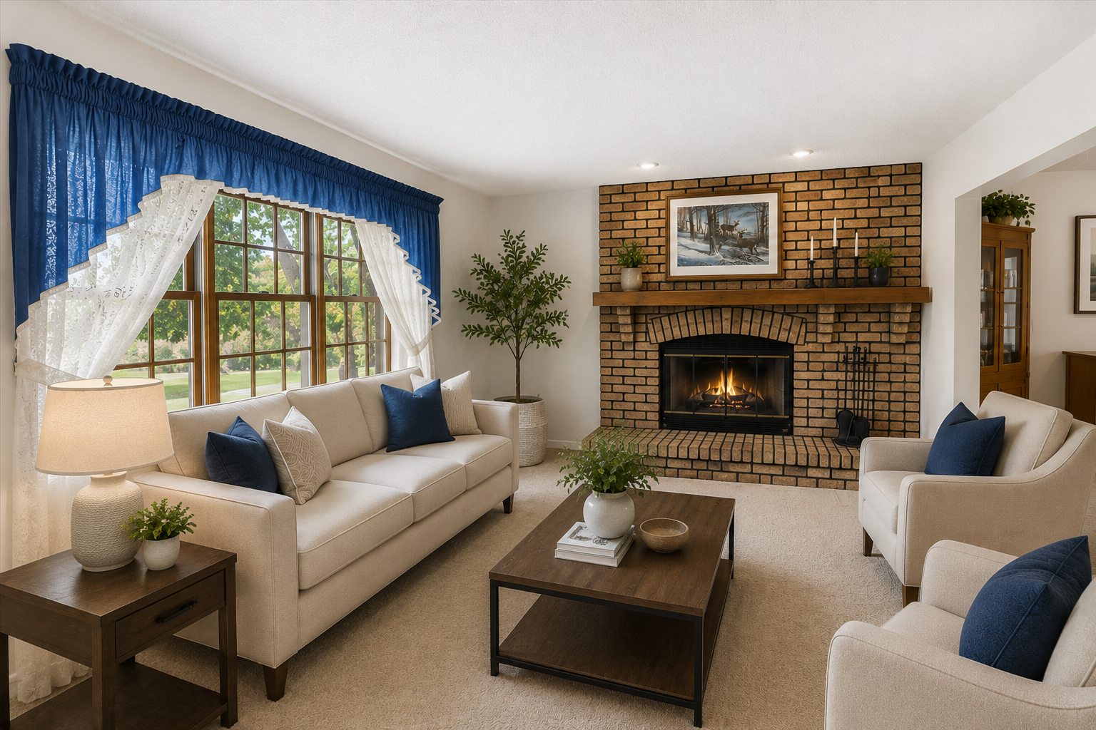 Virtually staged inviting main-level living room with large picture windows and a beautiful brick fireplace creating a warm gathering space.