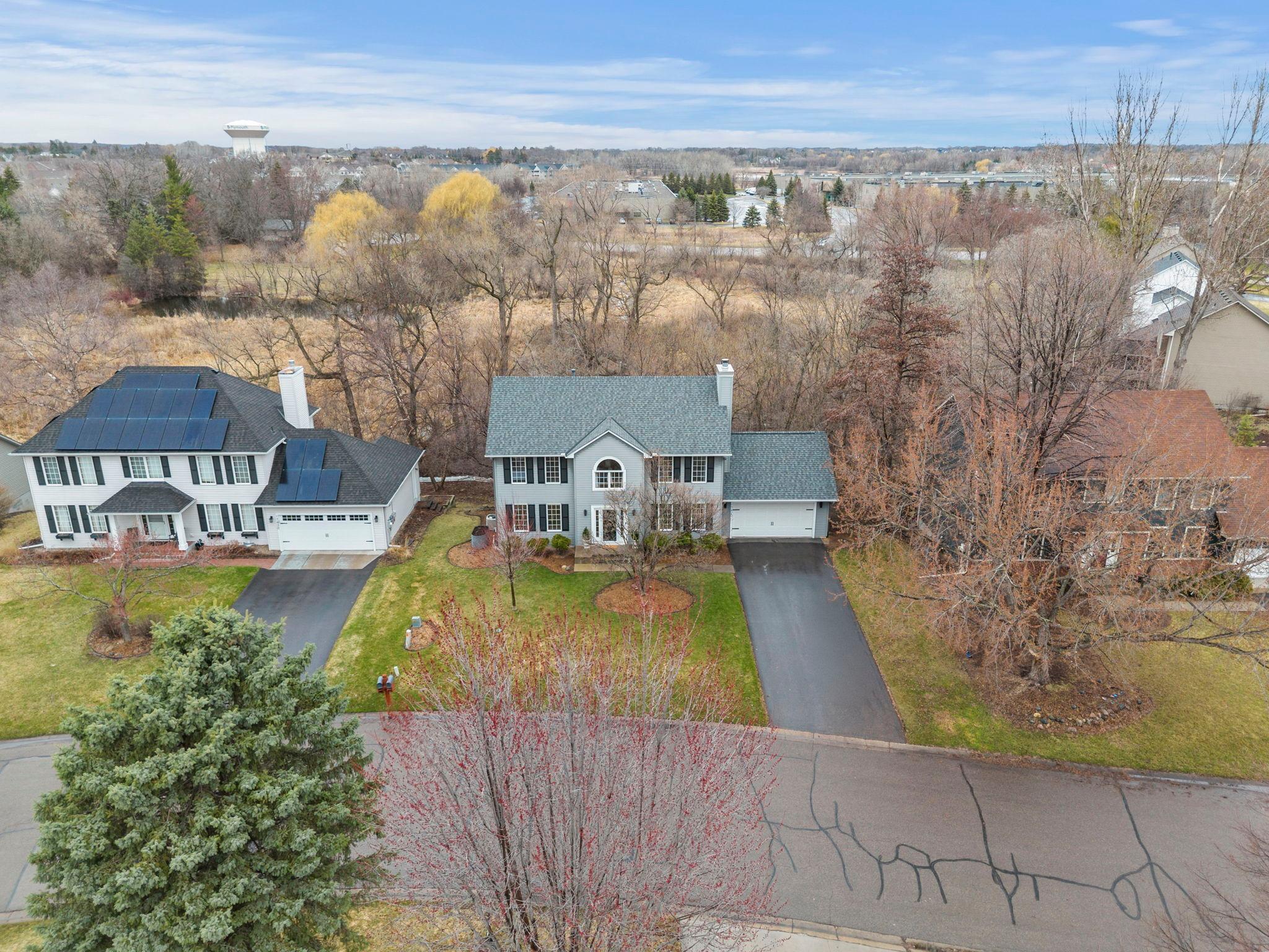 An aerial view of the home’s front exterior.