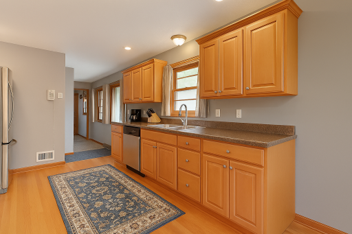 Stylish updated kitchen complete with Corian countertops, quality cabinetry, and fresh flooring.