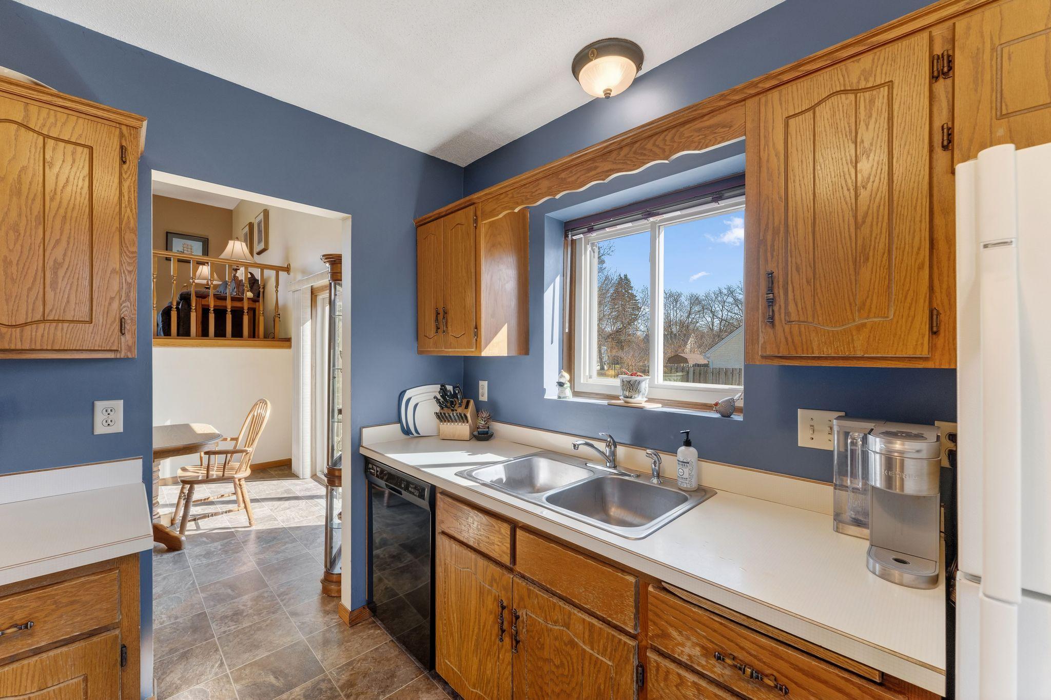 The kitchen and dining room are seamlessly connected