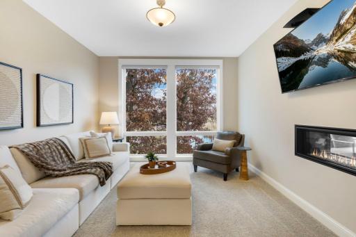 lake side hearth room with gas fireplace