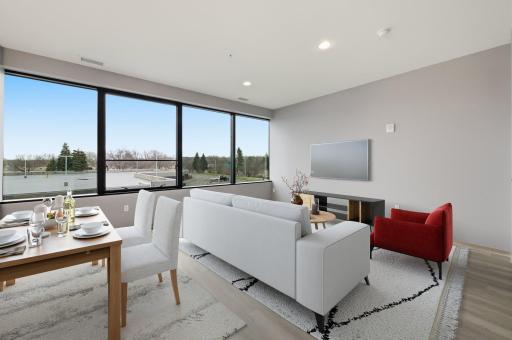 Virtually staged living room to help envision furniture placement and lifestyle.