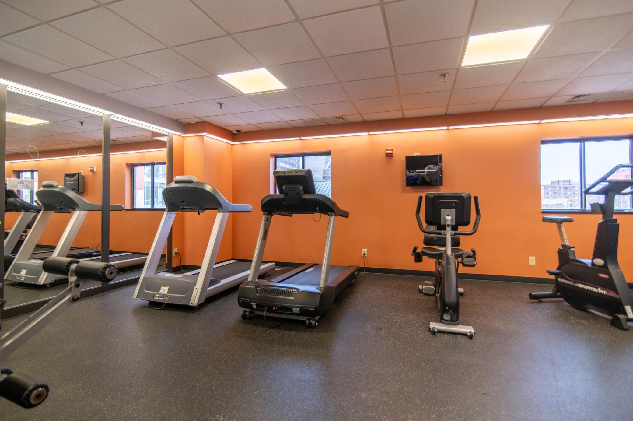 The exercise room (also located on the third floor) provides a great space to get your cardio or some weight training in.