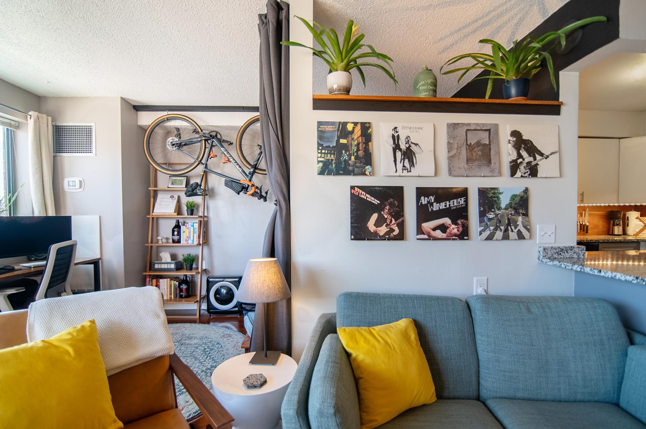 The unit as viewed from the position of the TV shows everything in close proximity and a cozy, light-filled space.