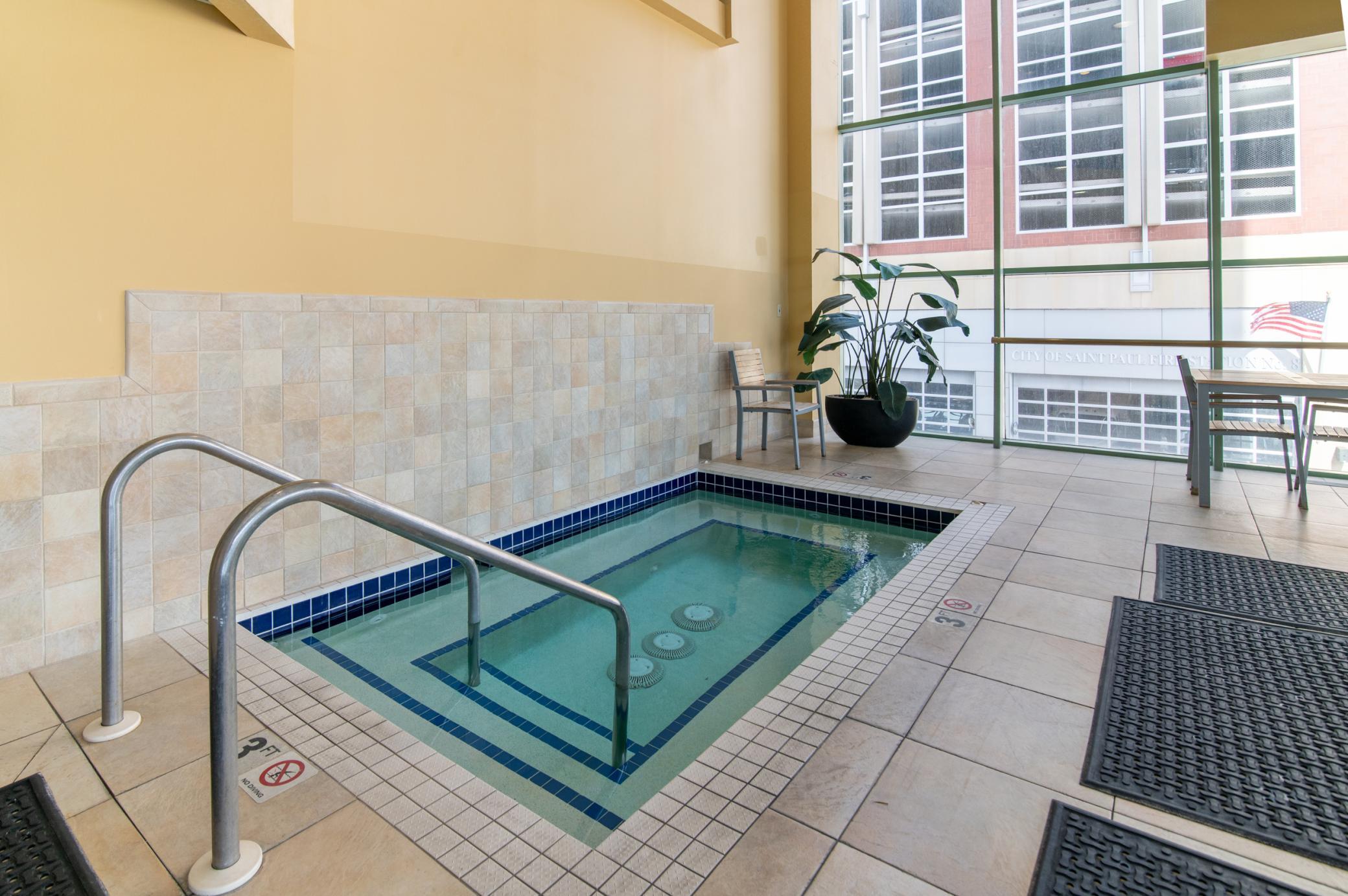 Located in the pool facility on the third floor, the hot tub is perfect for a post-workout soak or a bit of warmth on a winter day.