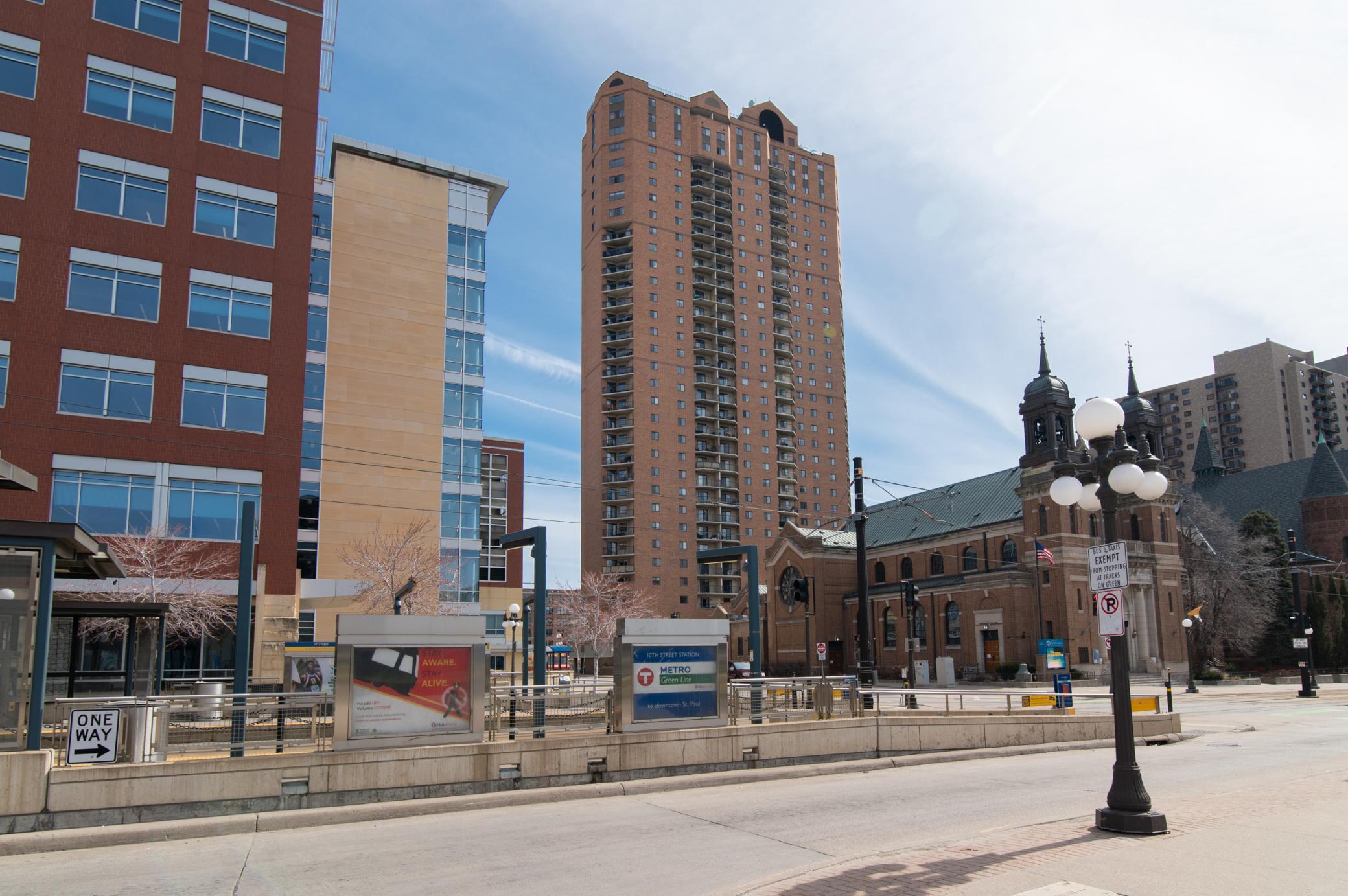 Looking East from the light rail station (Metro Transit Green Line) towards The Pointe at 10th St