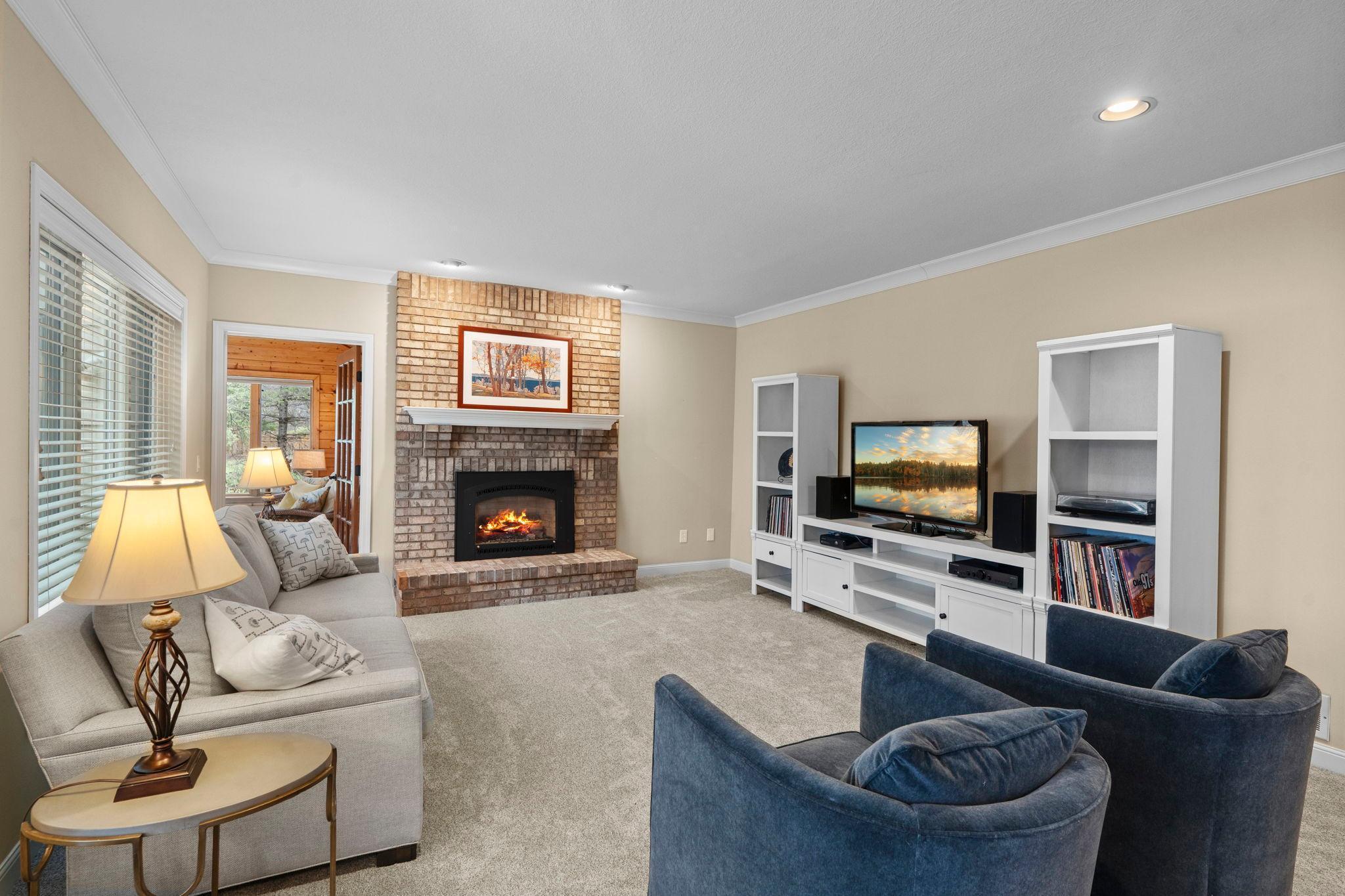 Cozy un to the fire in the main level living room