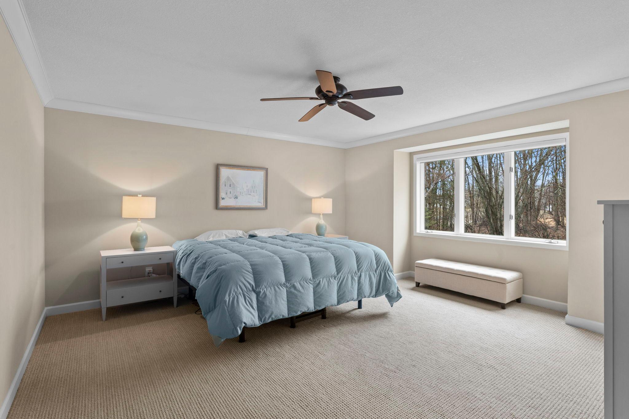 Large primary bedroom overlooking the backyard
