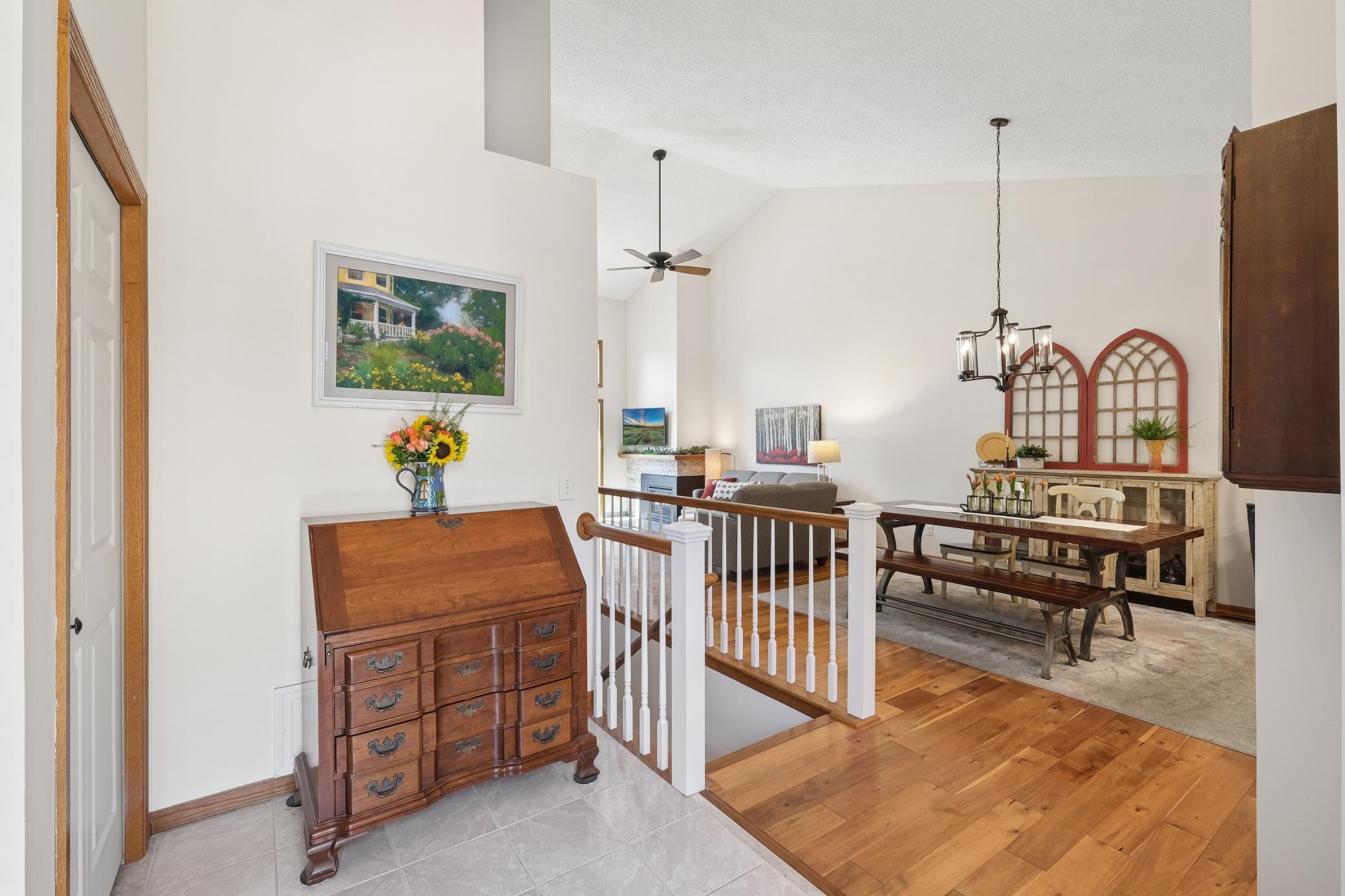 Vaulted great room with stairs to walk out level.