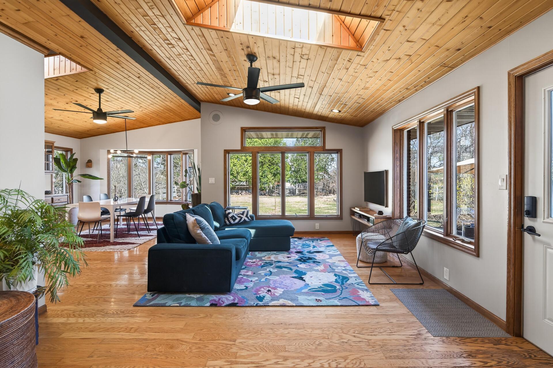 Vaulted Ceilings + Skylights in open family/dining room