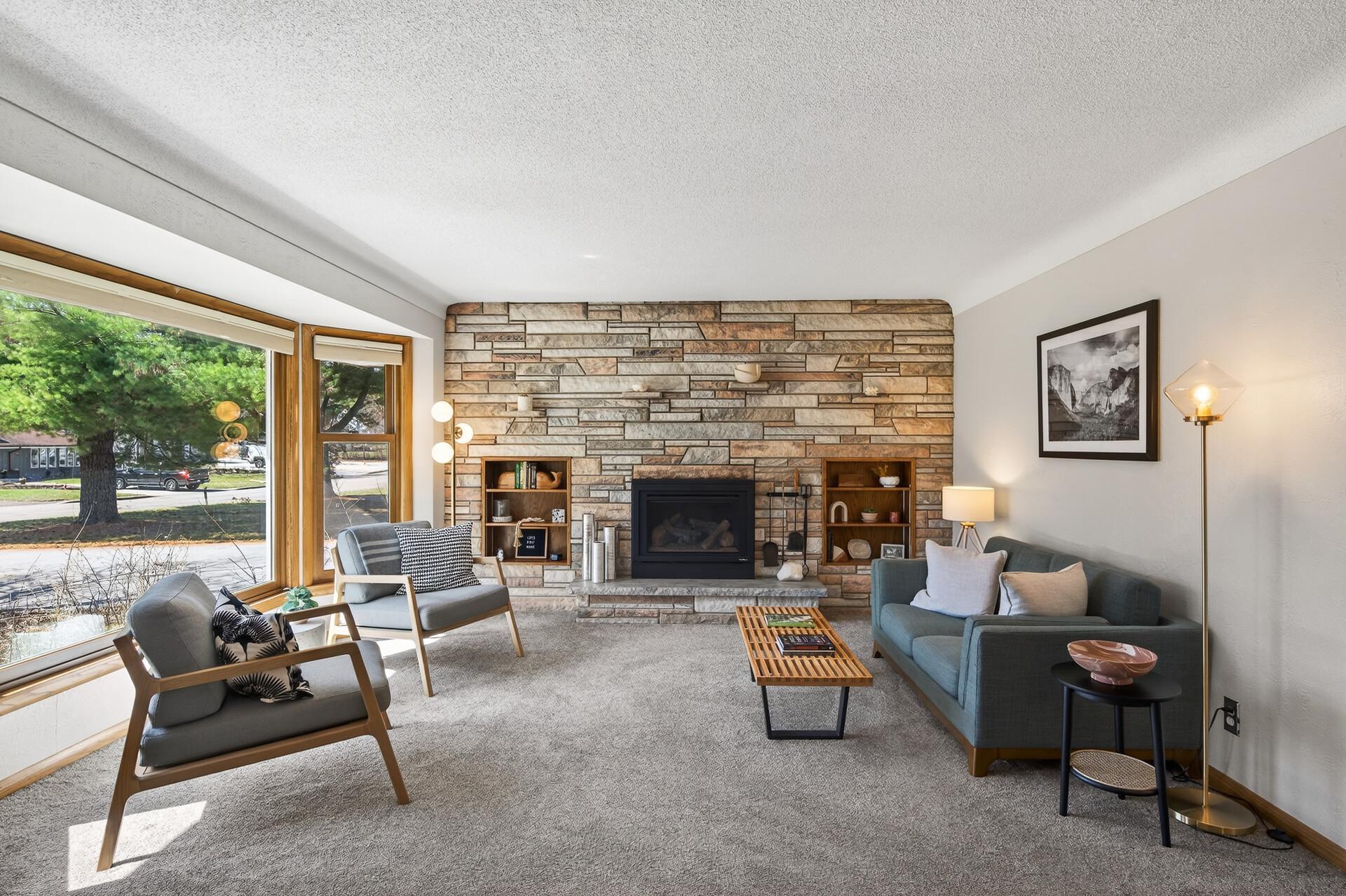 Front formal living room with quartz feature wall