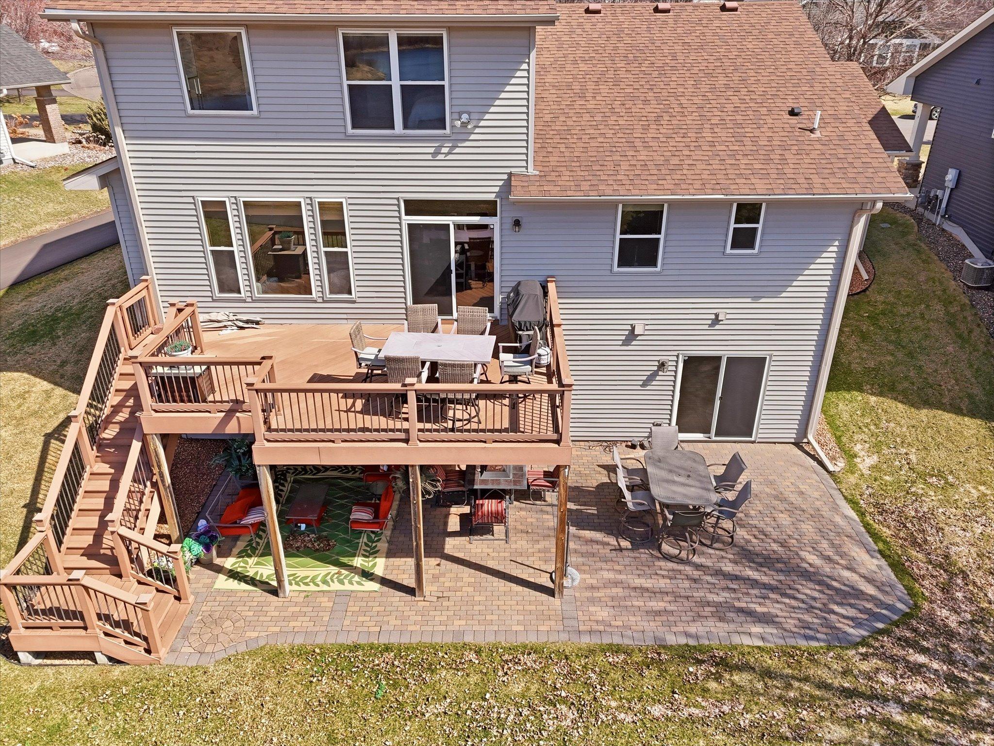 Aerial views of deck and paver patio