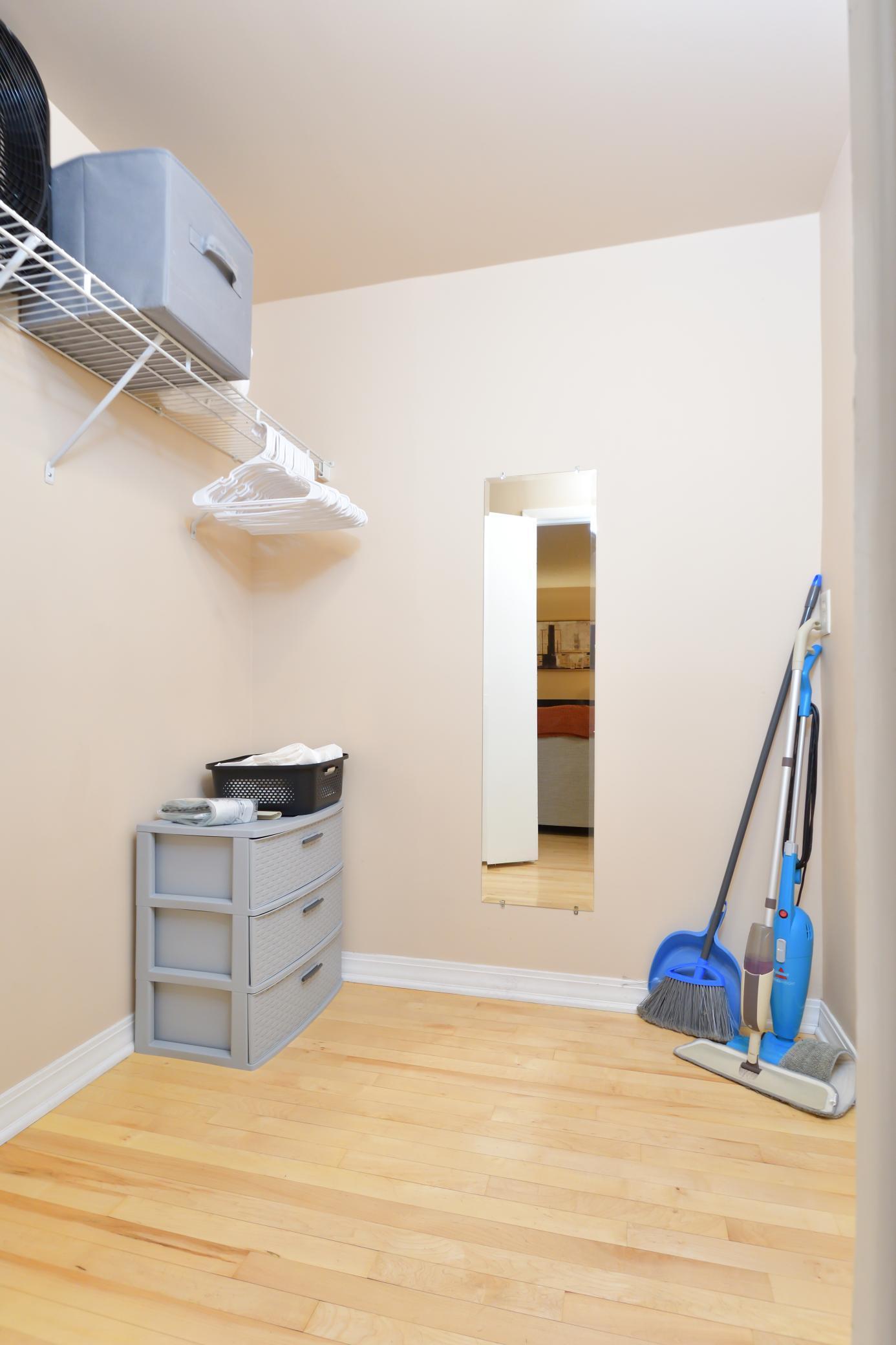 Walk-in closet and in-unit storage plus additional storage unit on lower level near community laundry room