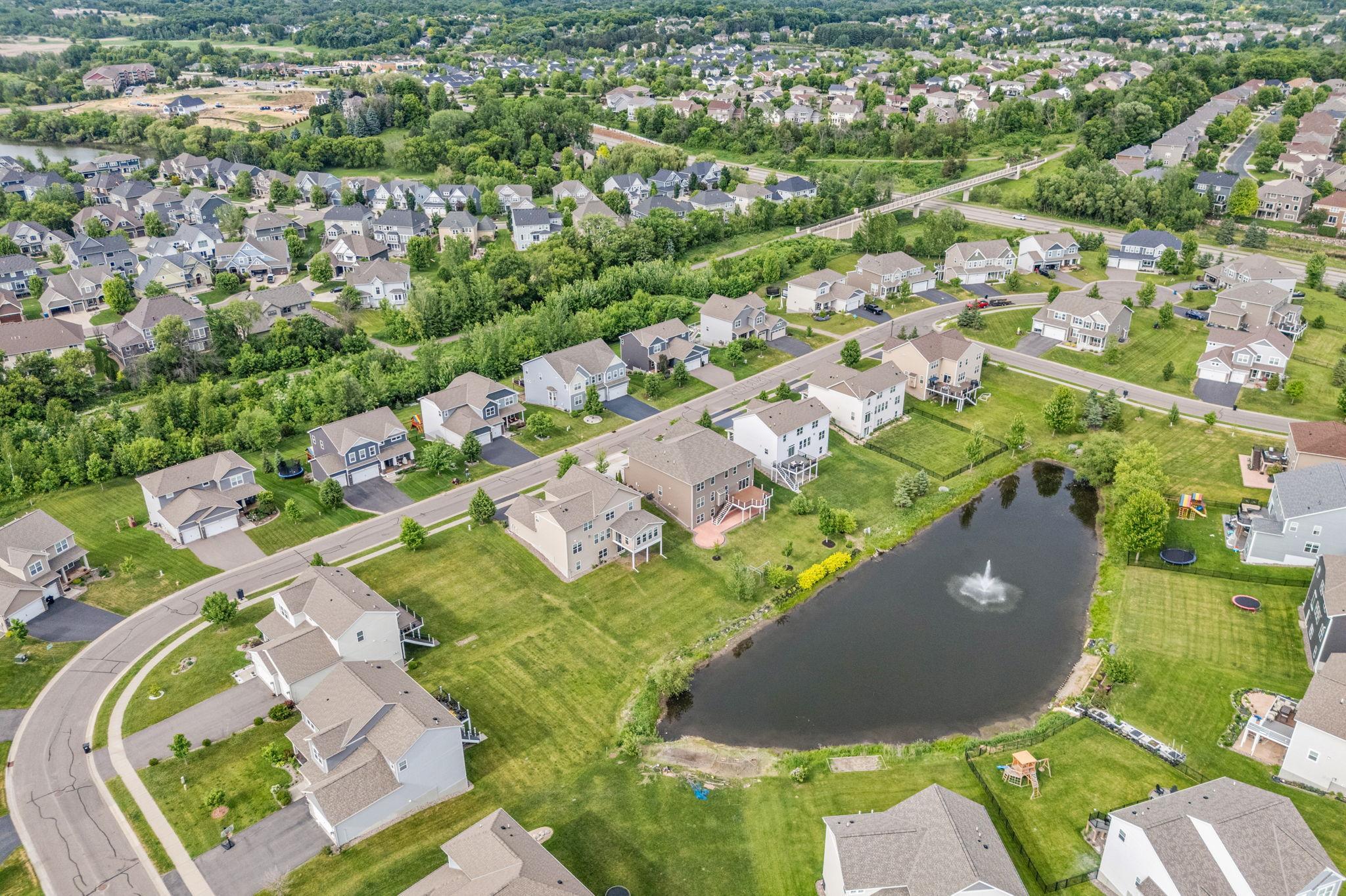 Panoramic aerial view demonstrating the vast scope of the neighborhood, surrounded by lush trees and manicured lawns.