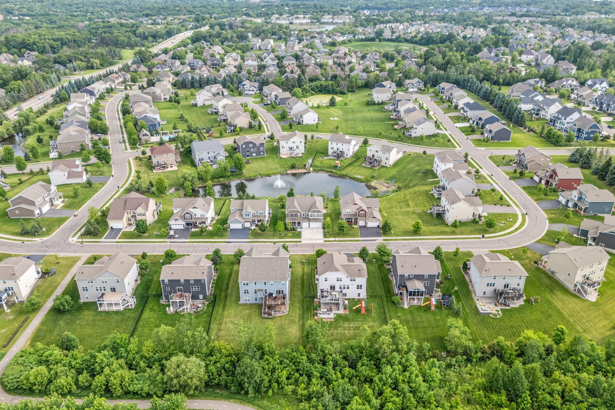 This drone perspective captures the abundant green space and professional tree placement framing the back of the home.