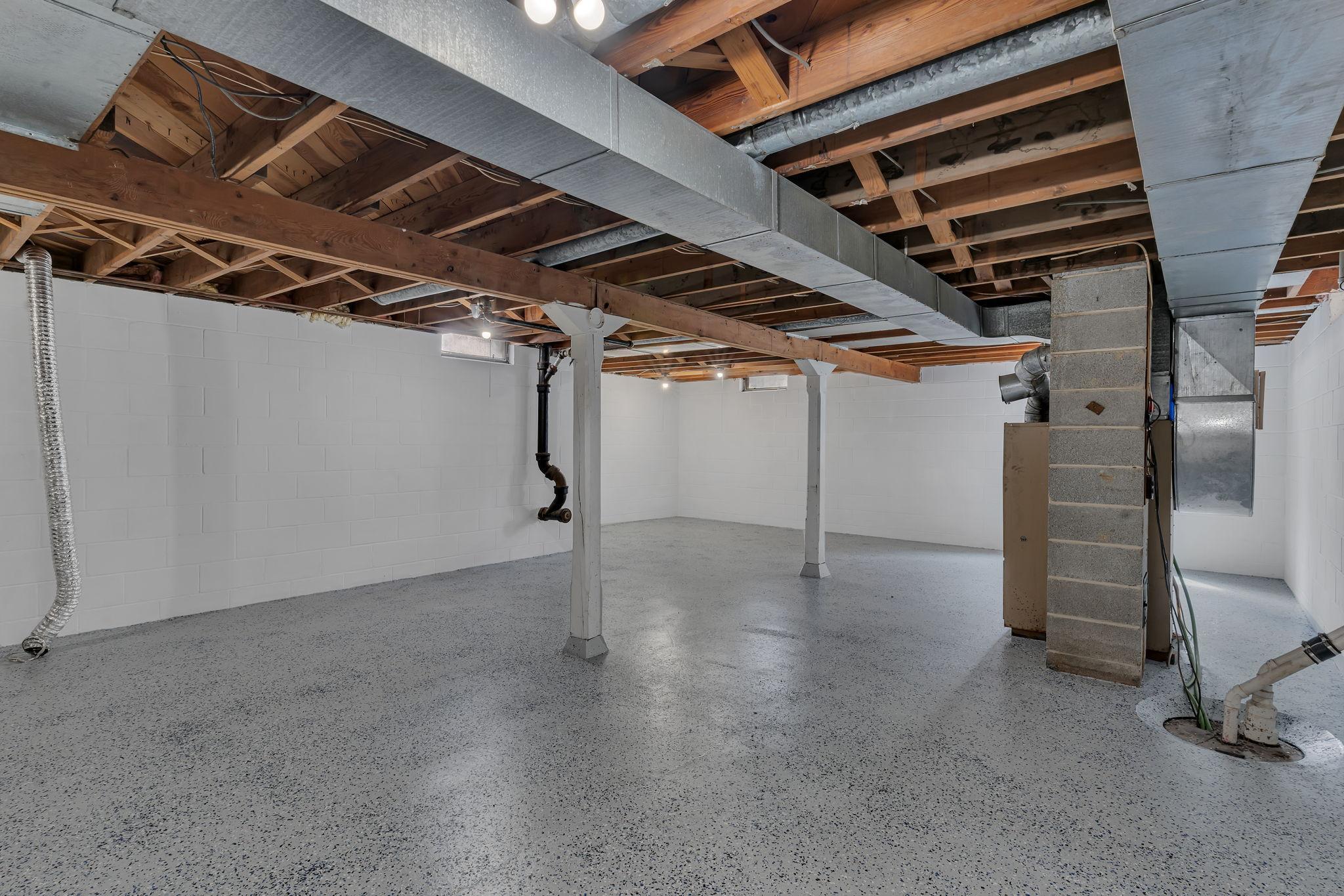 Large unfinished area in the basement for future expansion. Freshly painted epoxy floor.