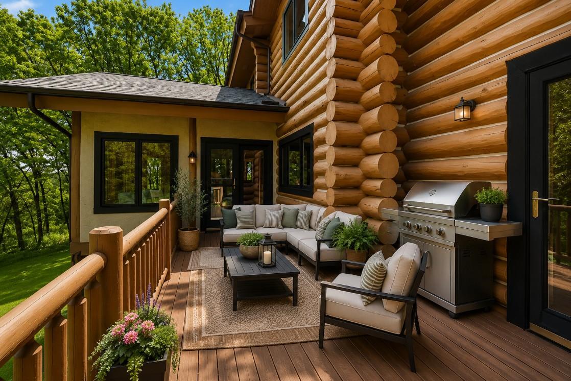 An expansive deck overlooking a serene, tree-lined backyard; offering the perfect setting for outdoor dining, relaxation, and enjoying peaceful, nature-filled views (virtually staged)